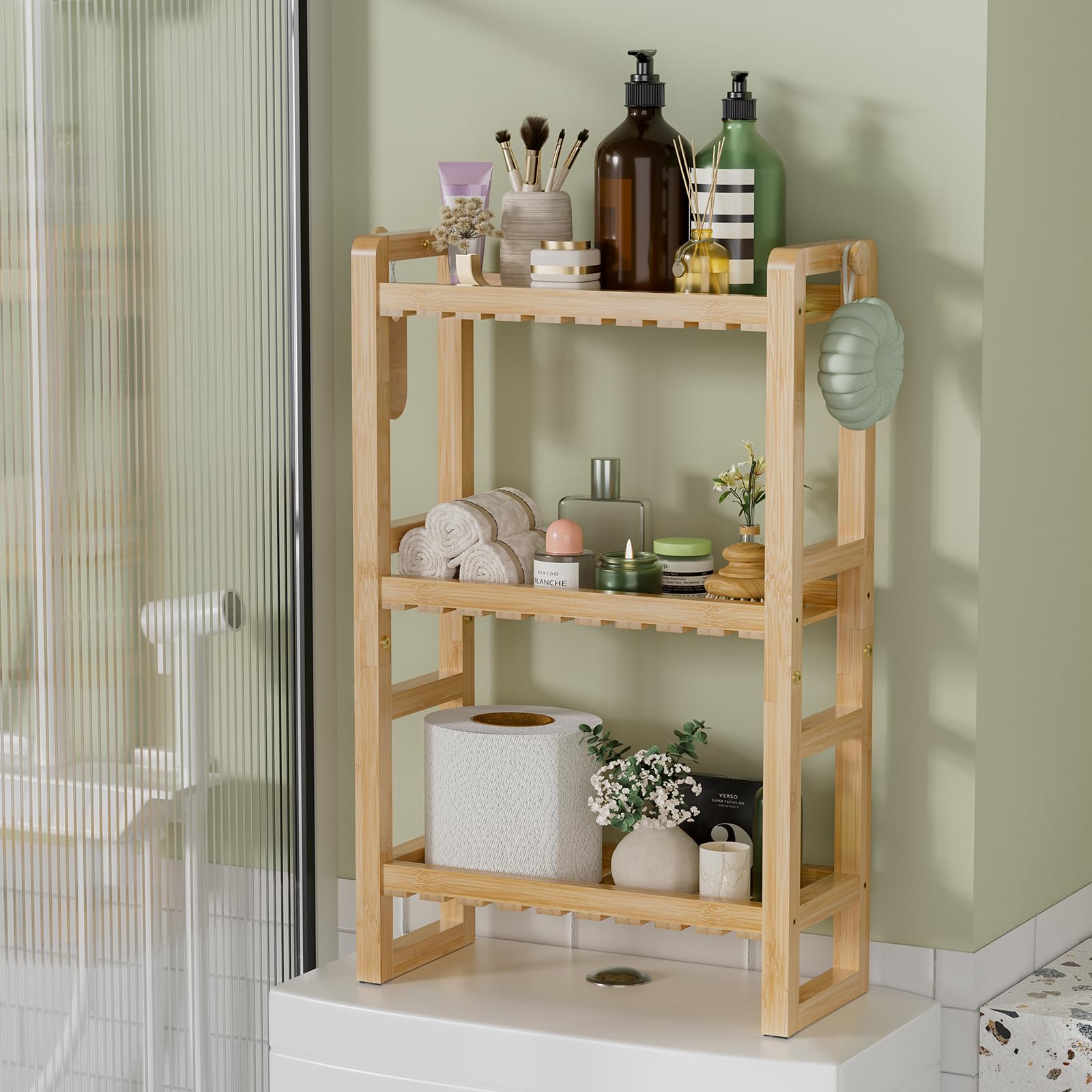 AmazerBath étagère devant packaging montrant rangement compact