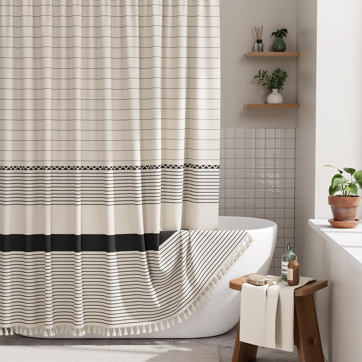 AmazerBath rideau face avant beige rayures noires apporte élégance rustique