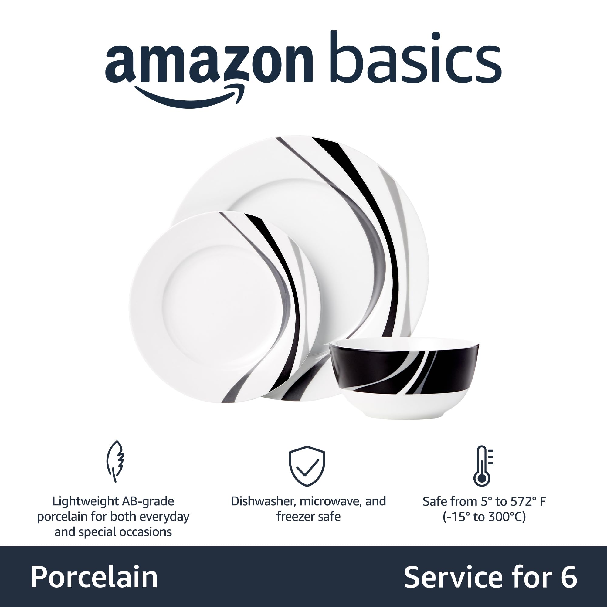 Amazon Basics gros plan assiette principale en porcelaine AB, durabilité visible