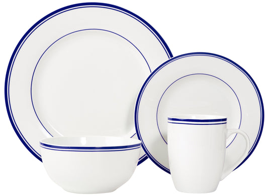 Amazon Basics gros plan assiette principale montrant le liseré bleu élégant