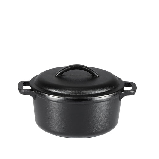 Amazon Basics cocotte fonte face avant montrant la finition pré-assaisonnée et durabilité