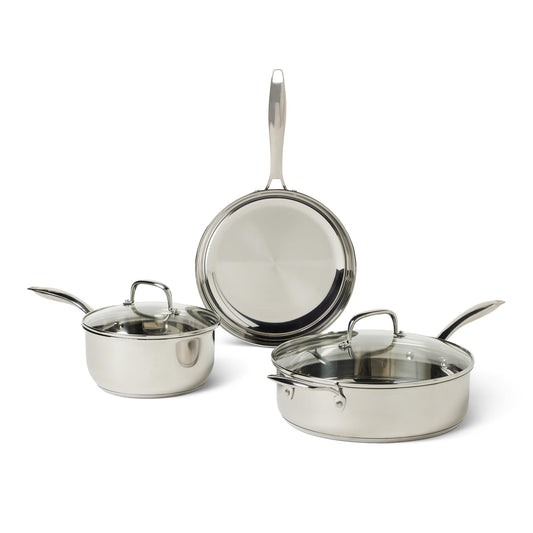 Amazon Basics ensemble face avant montrant finition inox et couvercles, durable et élégant