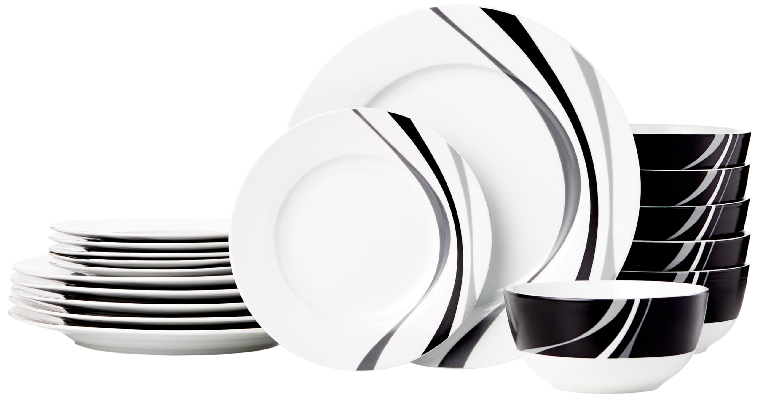 Amazon Basics vue frontale du service 18 pièces montrant design Swirl et capacité pour 6