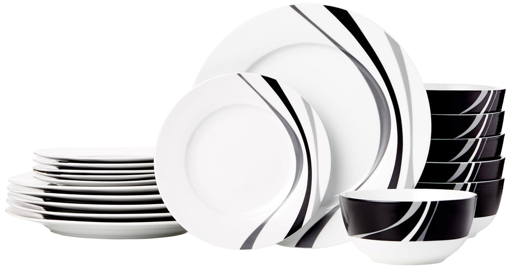 Amazon Basics vue frontale du service 18 pièces montrant design Swirl et capacité pour 6