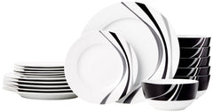 Amazon Basics vue frontale du service 18 pièces montrant design Swirl et capacité pour 6