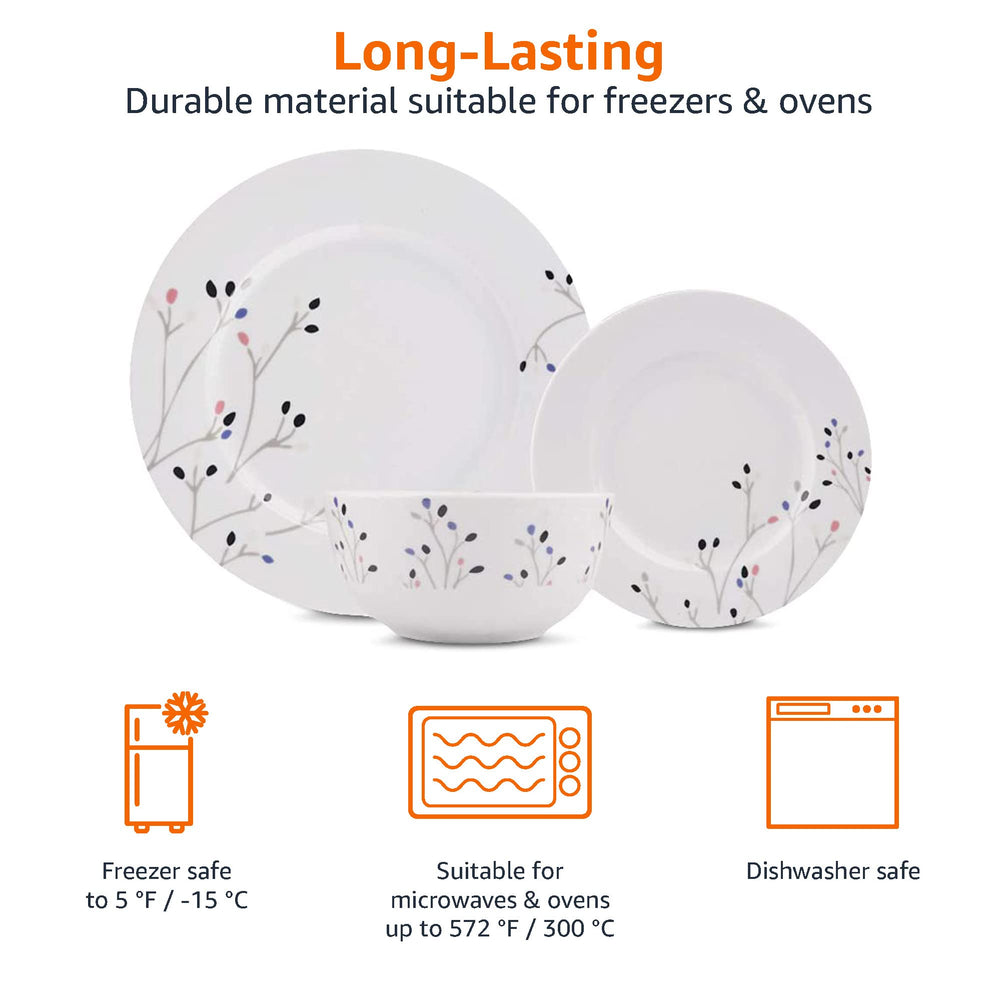 Amazon Basics assiette Branches en usage avec plat chaud illustrant compatibilité micro-ondes