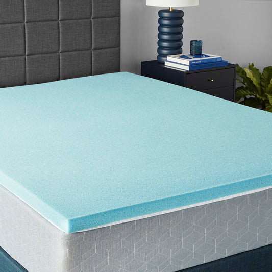 Amazon Basics face avant du surmatelas montrant finition et dimensions, confort immédiat