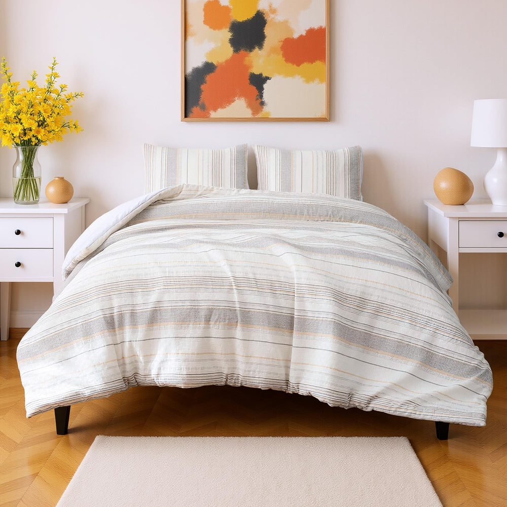 Gros plan jacquard Amazon Basics montrant texture rayée et finition soignée