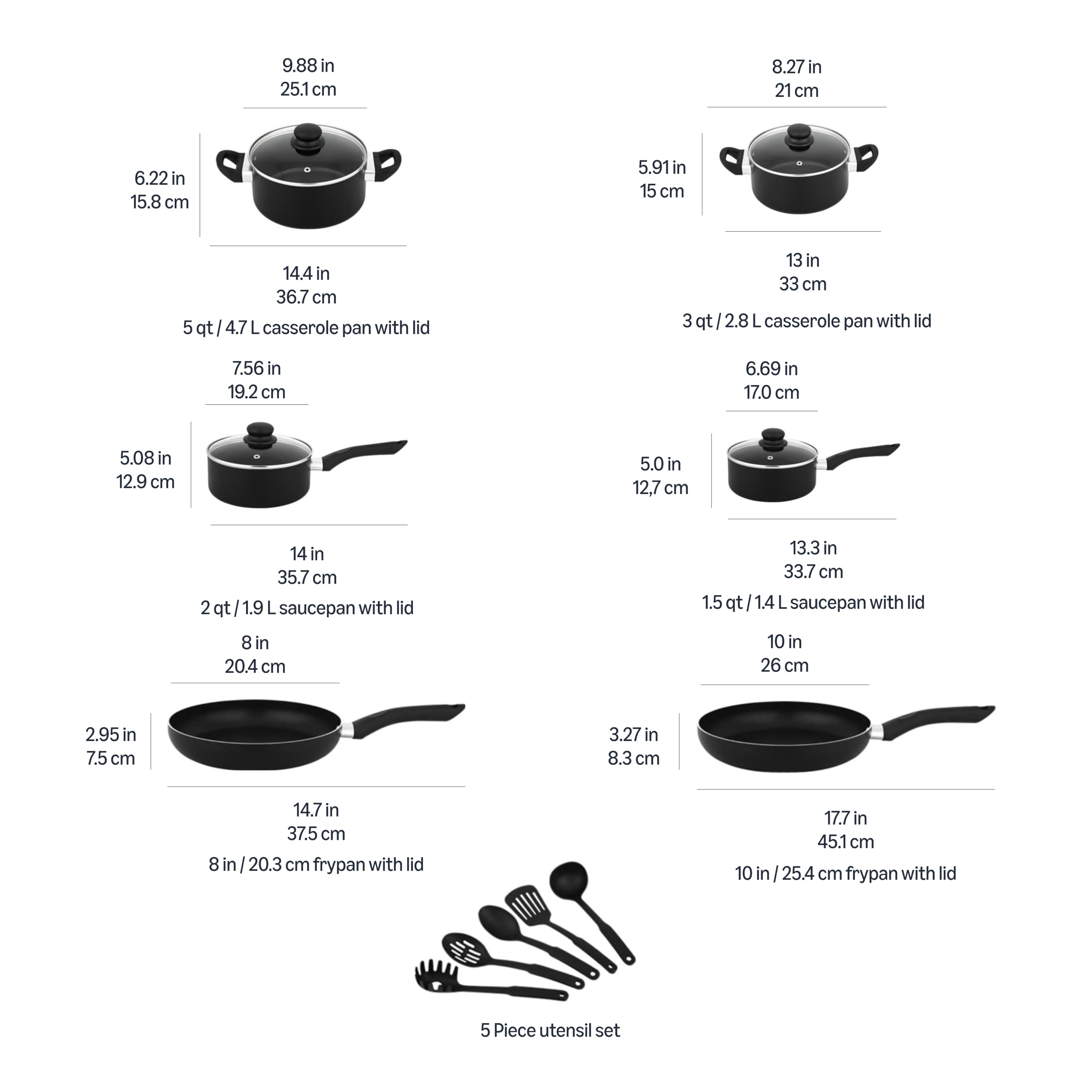 Amazon Basics ustensiles et couvercles inclus illustrant solution complète pour préparer et servir