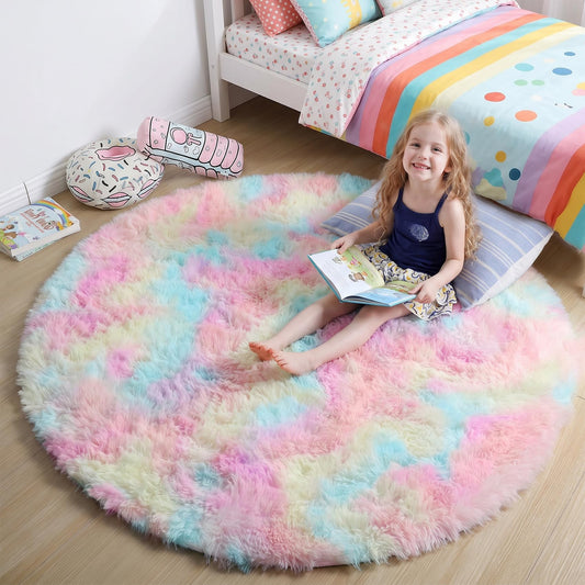 Amdrebio tapis rond vue face affichant couleurs pastel et motif licorne, ajoute confort décoratif
