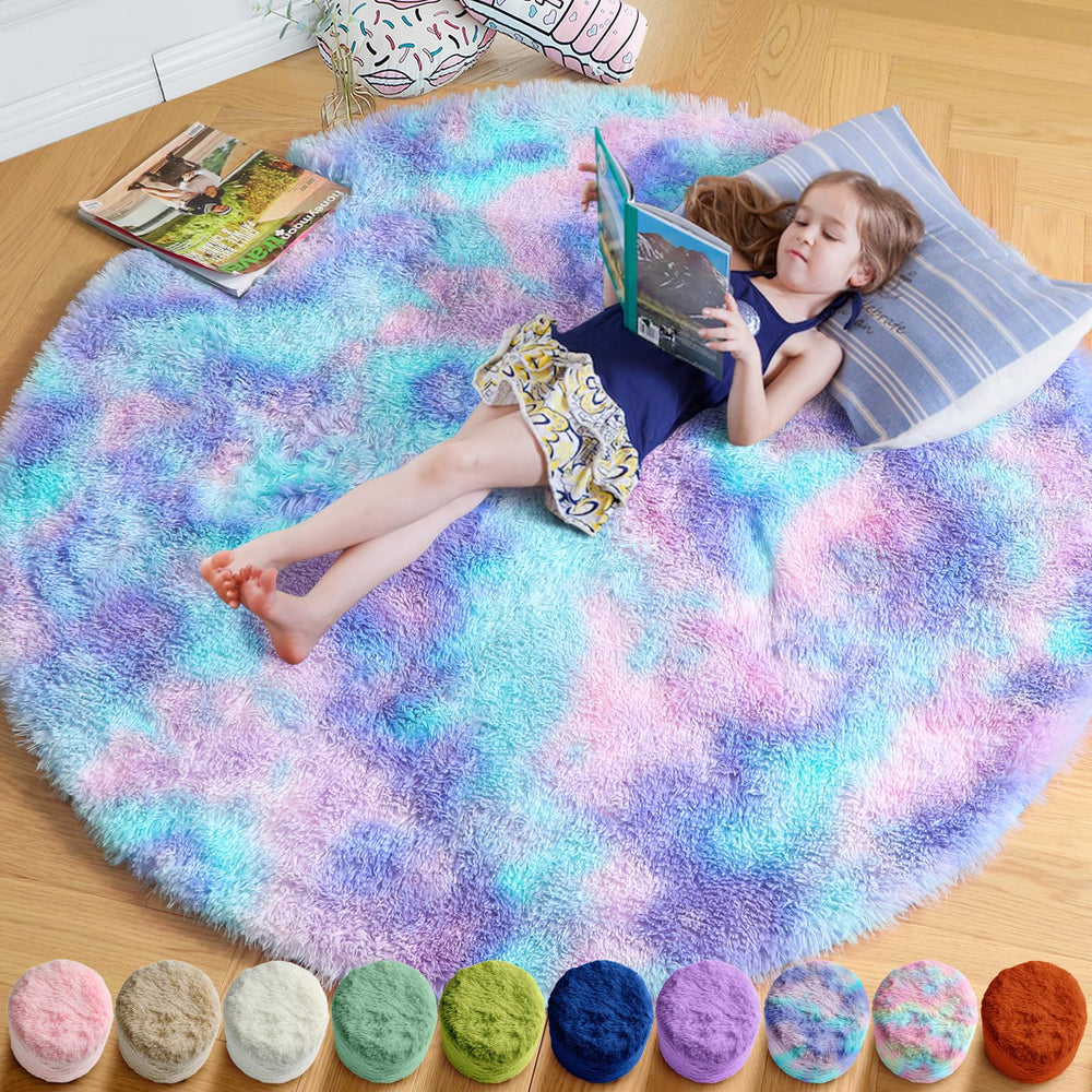 Amdrebio tapis rond face visible couleurs violettes arc‑en‑ciel, apporte chaleur