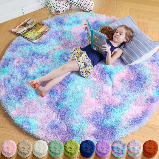 Amdrebio tapis rond face visible couleurs violettes arc‑en‑ciel, apporte chaleur