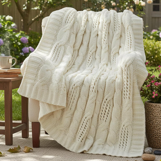 Amélie Home détail du tricot câble ajouré montrant texture douce