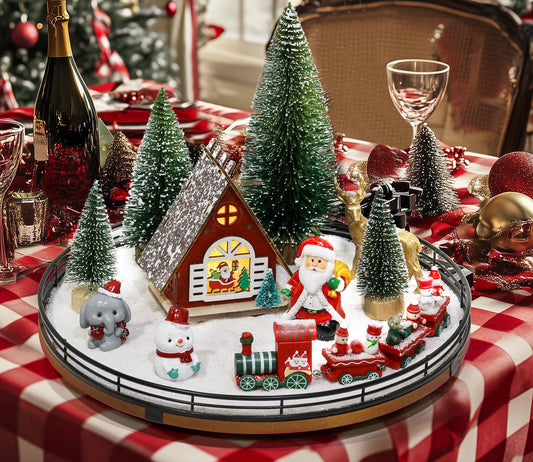 AMH village de Noël sur socle en chêne, centre de table élégant