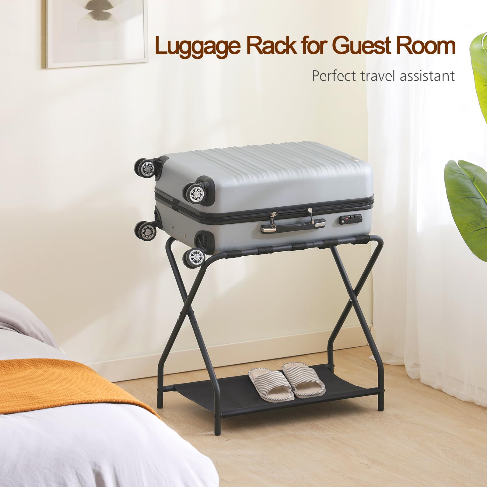AMHANCIBLE porte-bagages en situation dans une chambre d'invités montrant confort offert