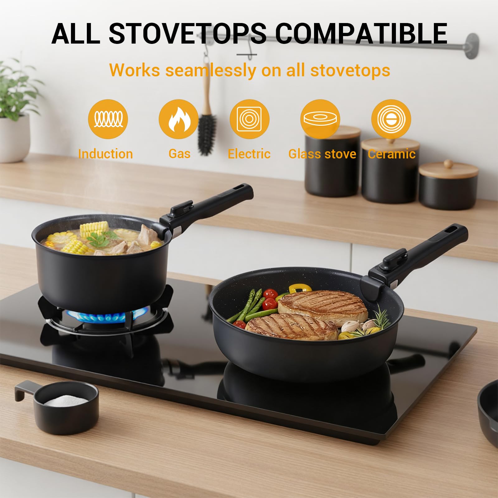Ammeloo main à côté d'une poêle pour indiquer taille réelle et ergonomie
