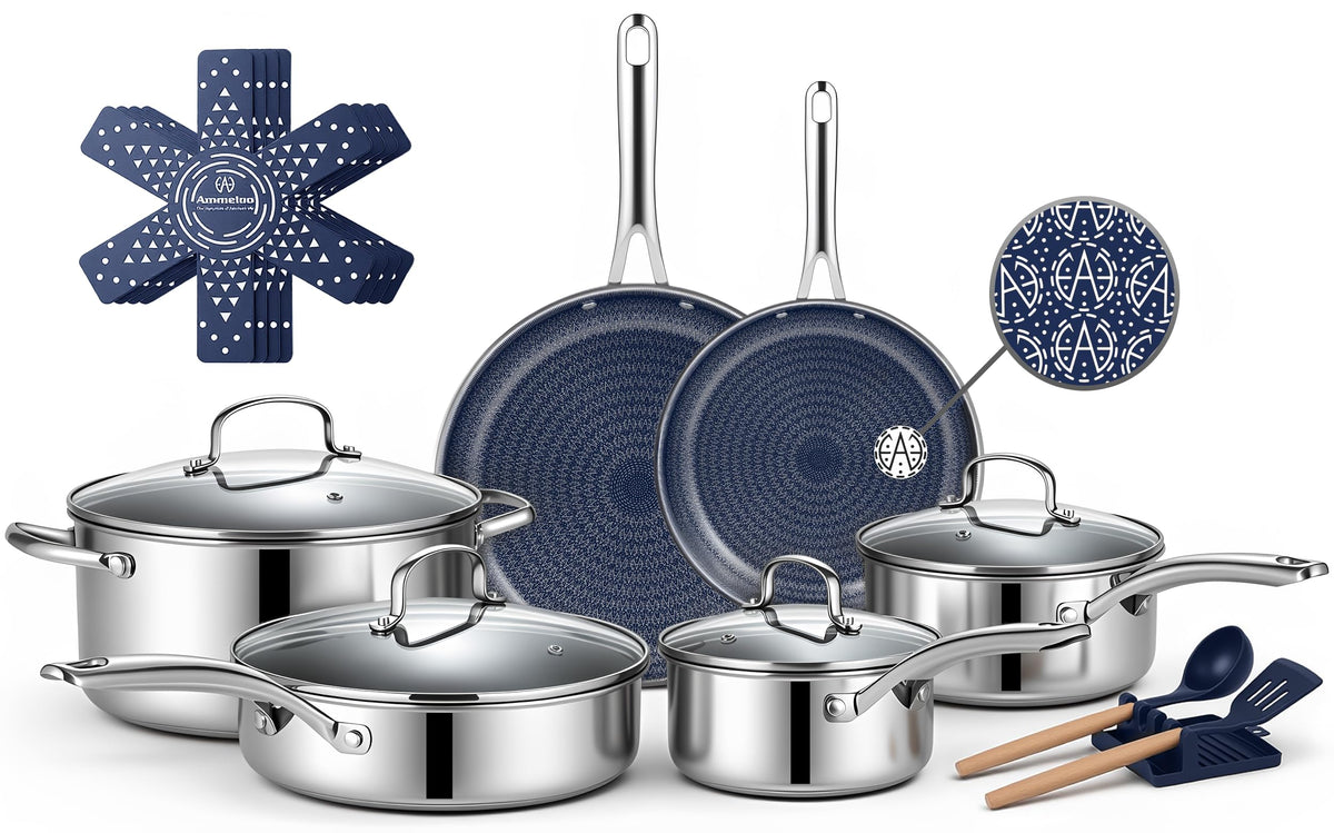 Ammeloo vue d'ensemble du set 17 pièces montrant casseroles et poêles complètes