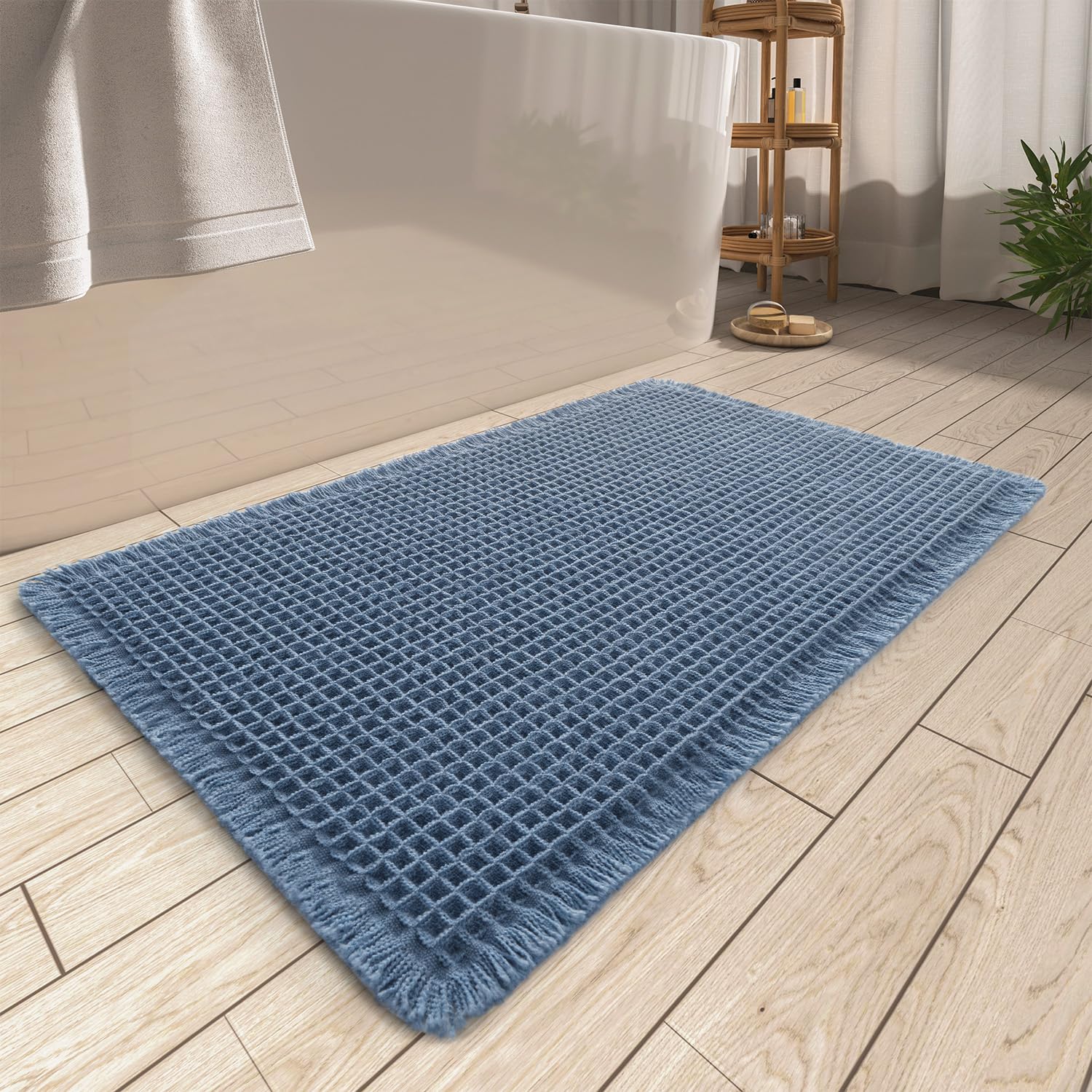 AMOAMI tapis de bain face avant bleu, apporte confort et style