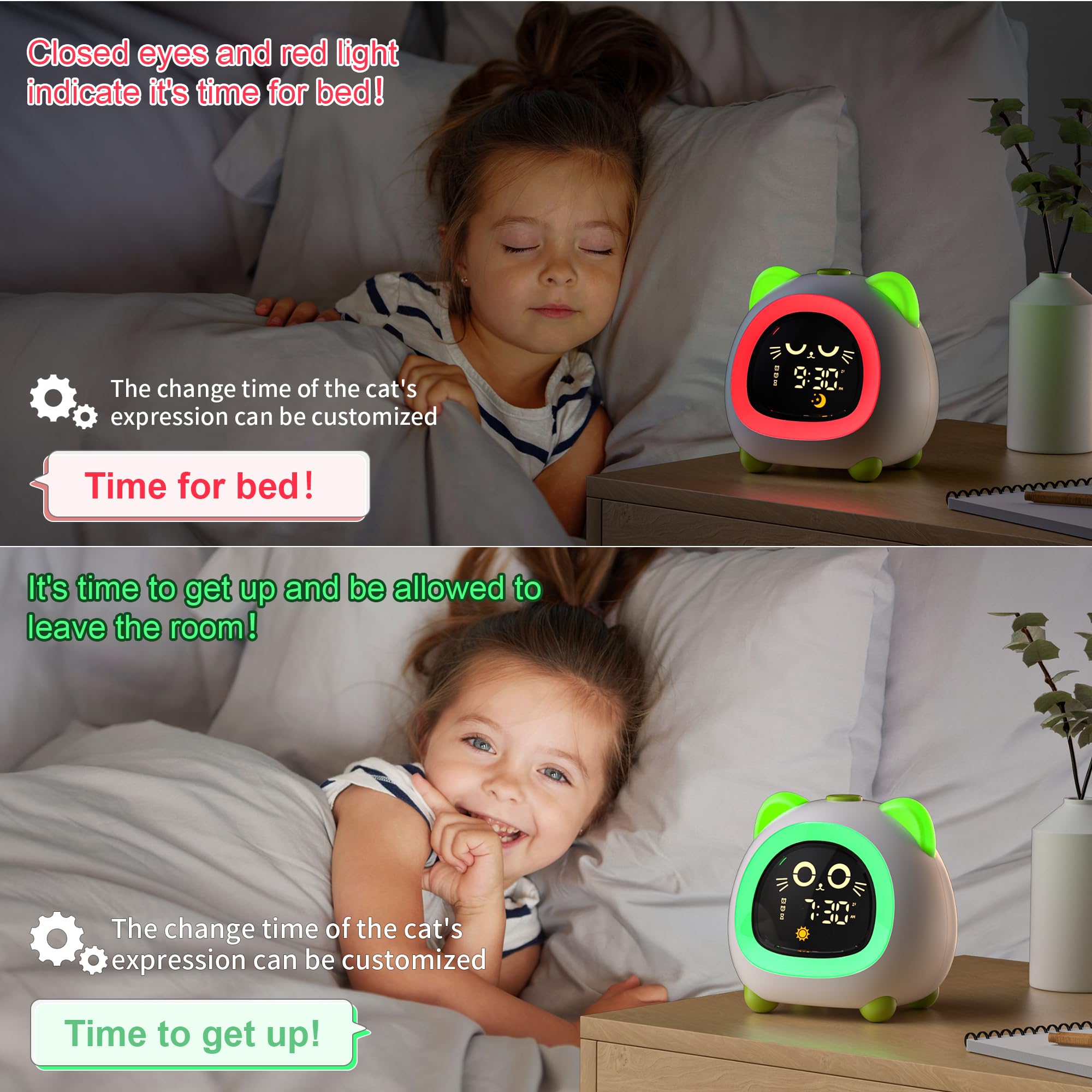 ANALOI réveil chat yeux ouverts avec lumière verte indiquant lever