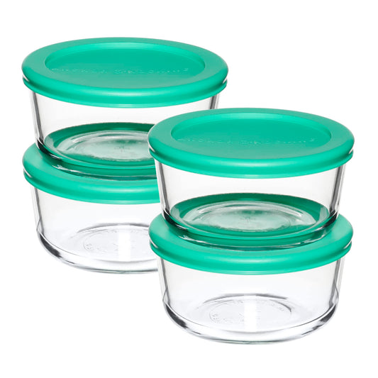 Anchor Hocking vue avant emballage montrant quatre contenants et couvercles mint, gain de place