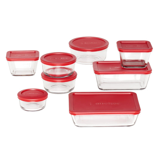 Anchor Hocking vue avant du coffret montrant boîtes en verre et couvercles rouges, rangement optimisé