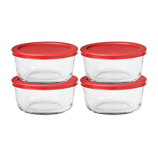 Anchor Hocking ensemble face avant montrant boîtes et couvercles rouge, organisation pratique