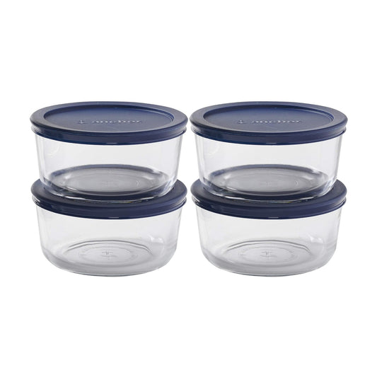 Anchor Hocking vue frontale de l'ensemble navy et verre, rangement compact