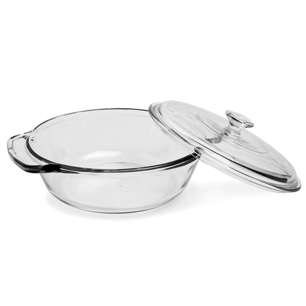 Anchor Hocking plat à gratin clair en vue avant montrant la forme et les poignées pratiques