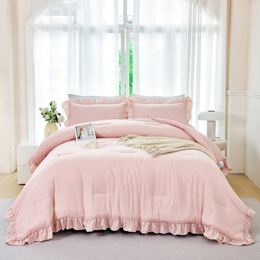 ANGIYUIN parure face entière blush pink sur lit montrant finition volante et charme