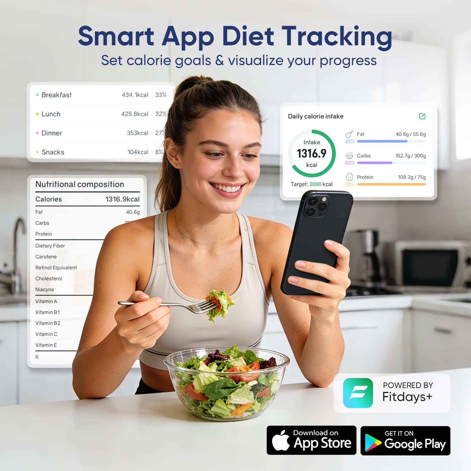 Angryicy application Fitdays+ sur téléphone, synchronisation des nutriments rapide