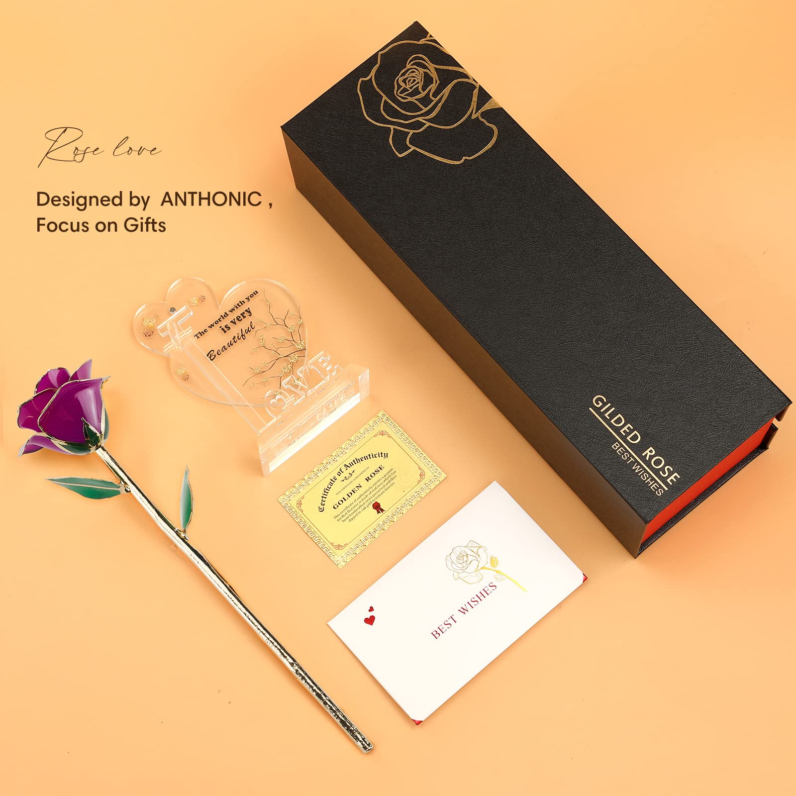 Anthonic ensemble cadeau comprenant rose dorée et boîte, présentation soignée