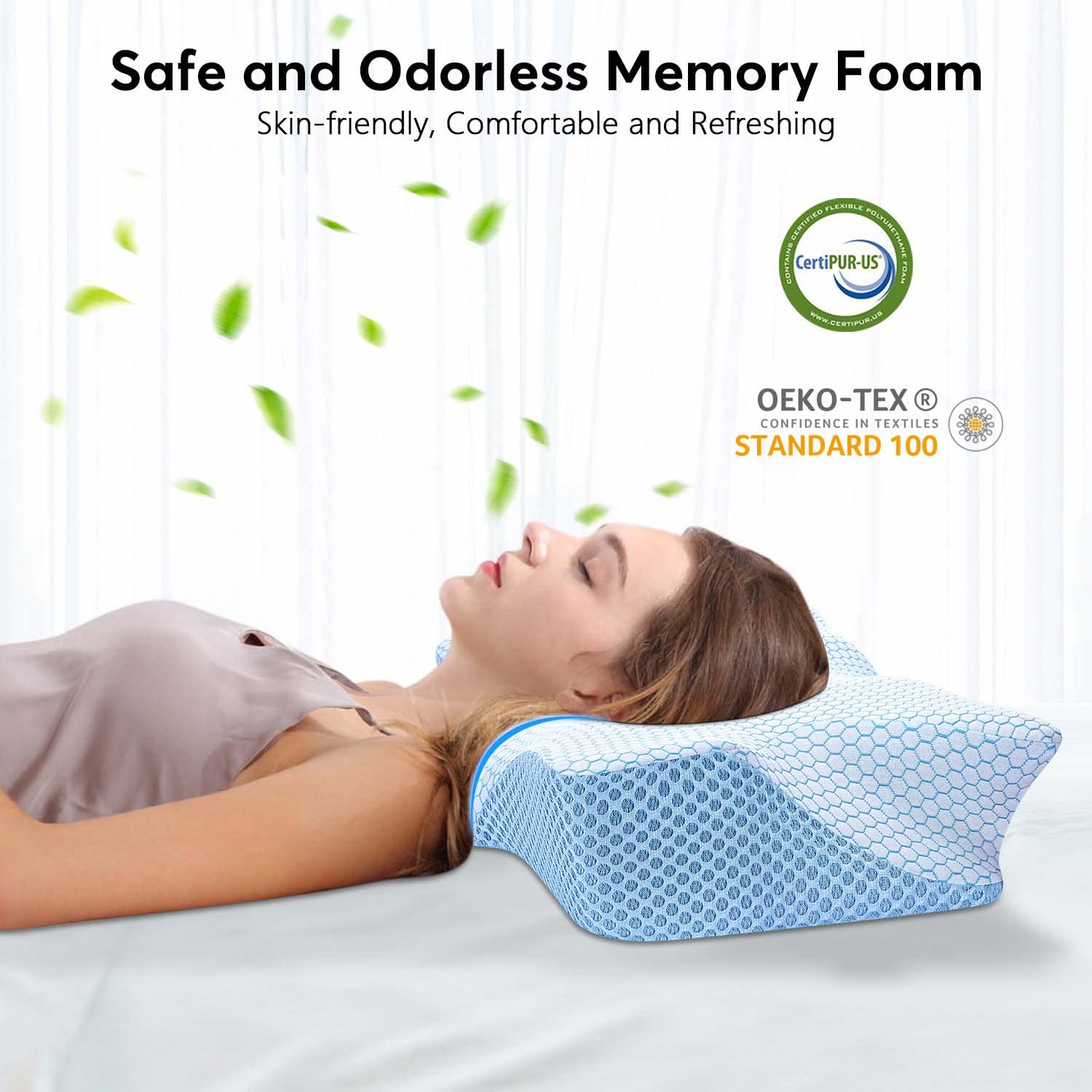 Anvo mise en scène chambre cyan montrant l'oreiller intégré à un environnement relaxant