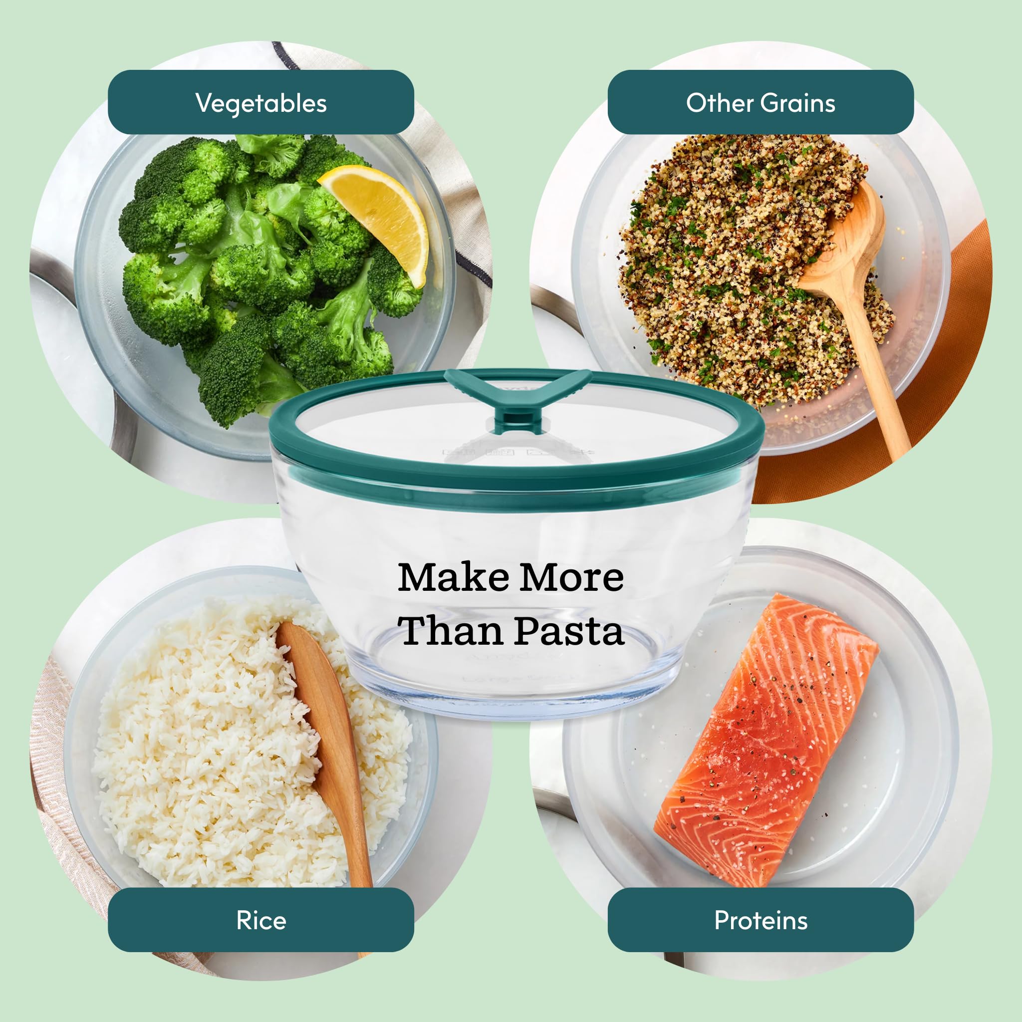 Anyday contenant des penne cuites pour illustrer cuisson uniforme et conservation pratique