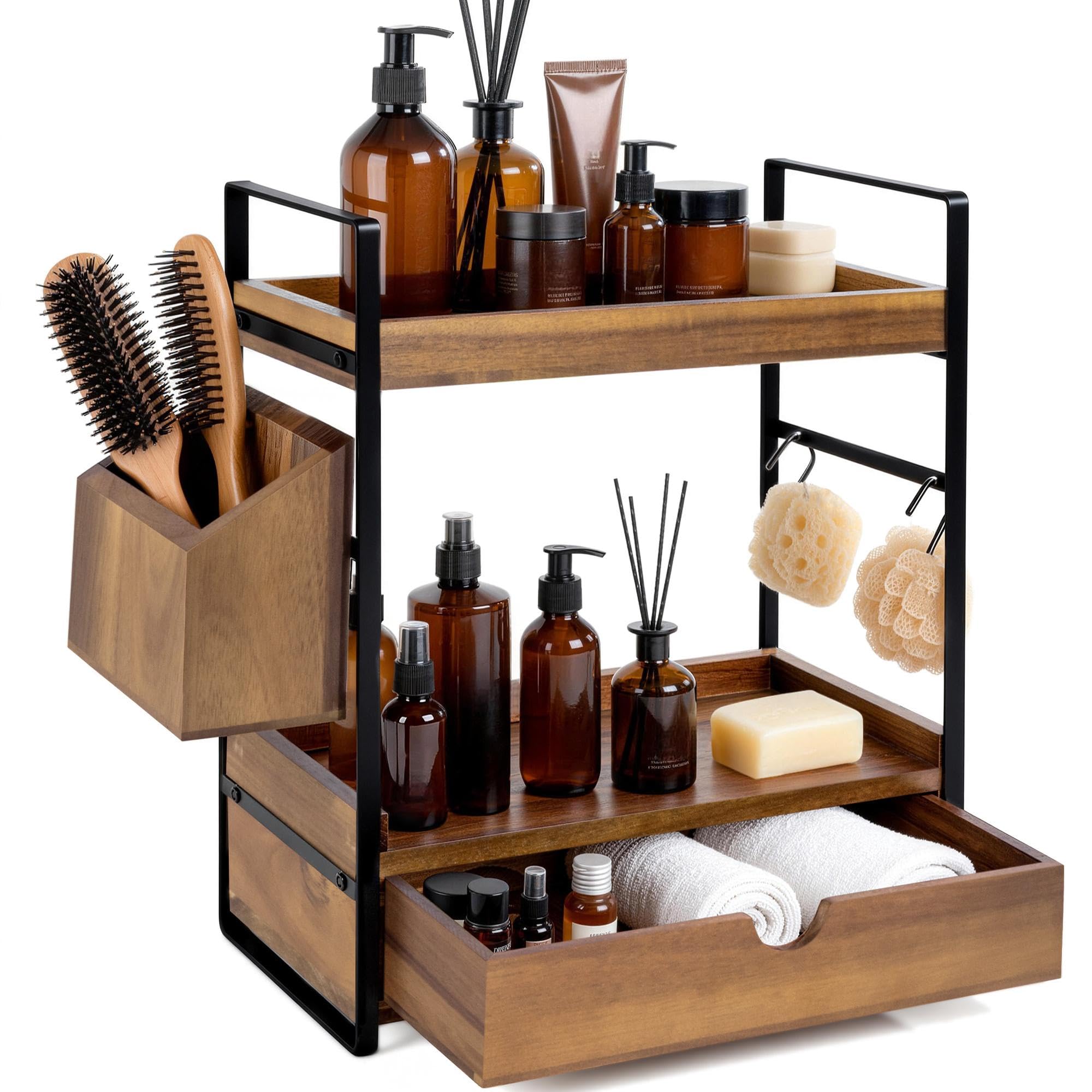 Aollewoiti vue face de l'étagère en acacia montrant rangement organisé
