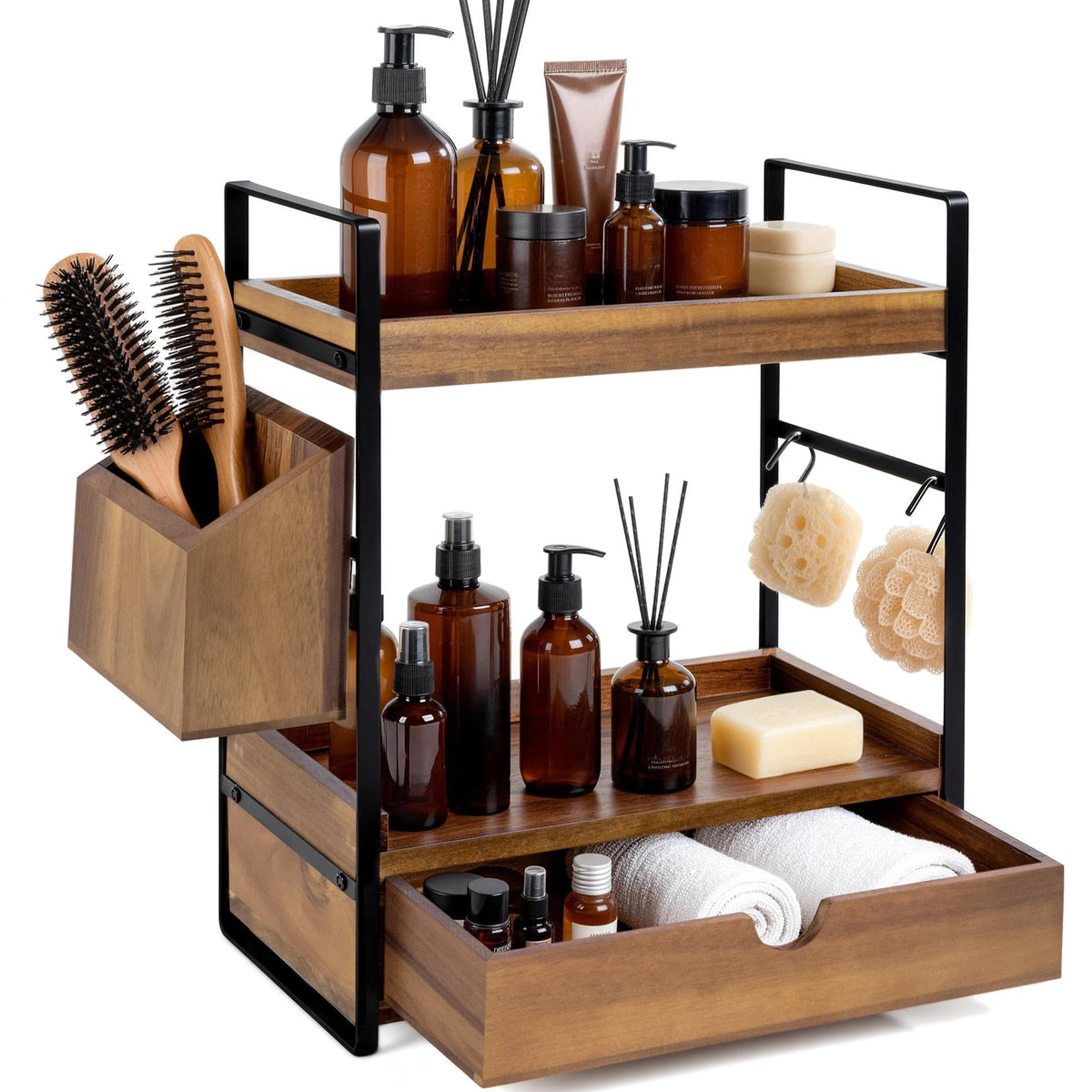 Aollewoiti vue face de l'étagère en acacia montrant rangement organisé