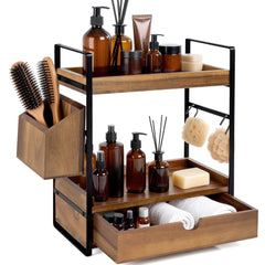 Aollewoiti vue face de l'étagère en acacia montrant rangement organisé