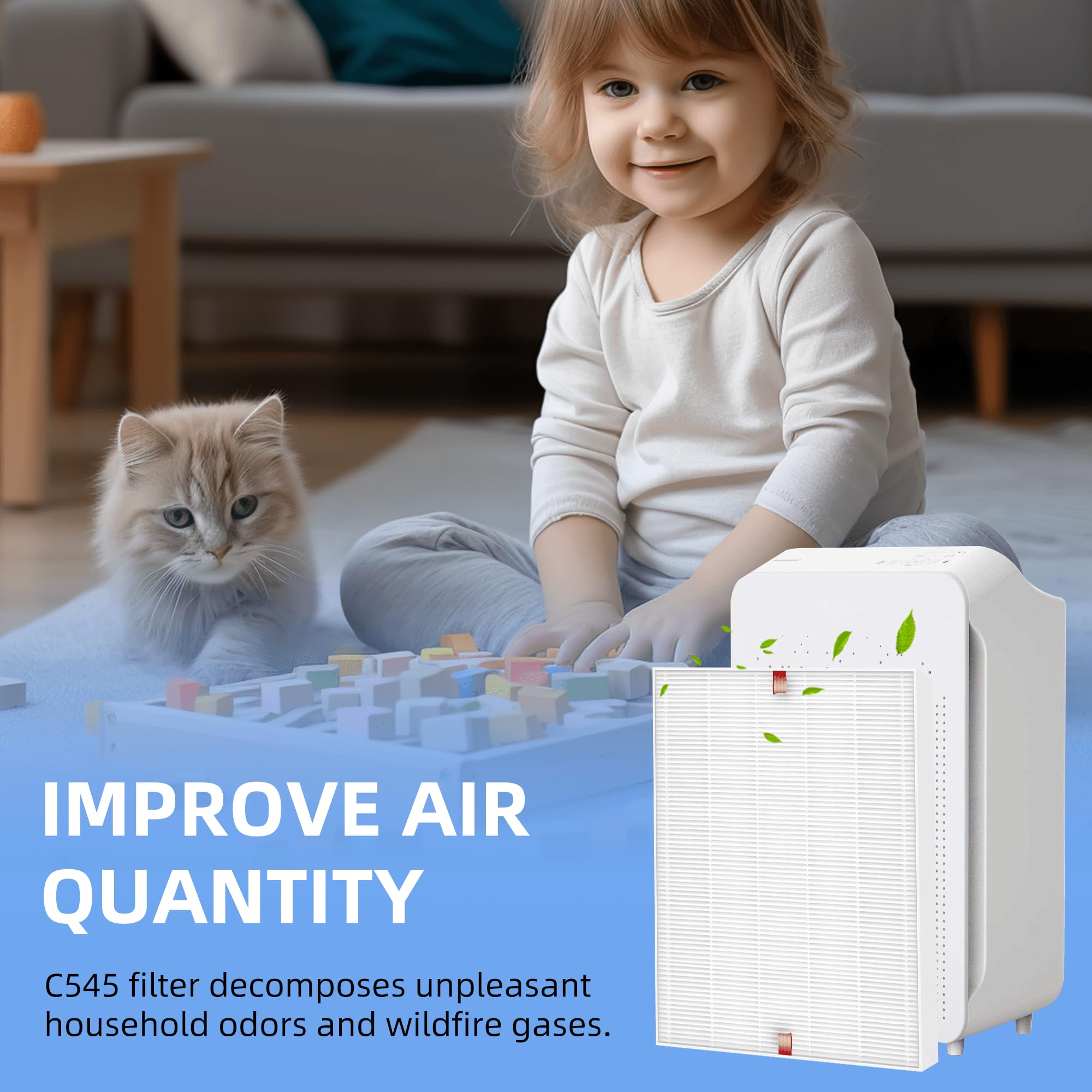 APPLIANCEMATES filtre C545 dans un salon montrant air plus frais et réduction des odeurs