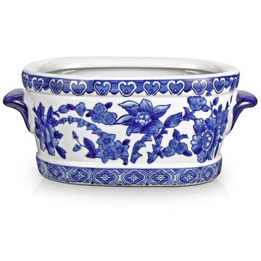 Arborus cachepot face ovale bleu et blanc montrant élégance décorative