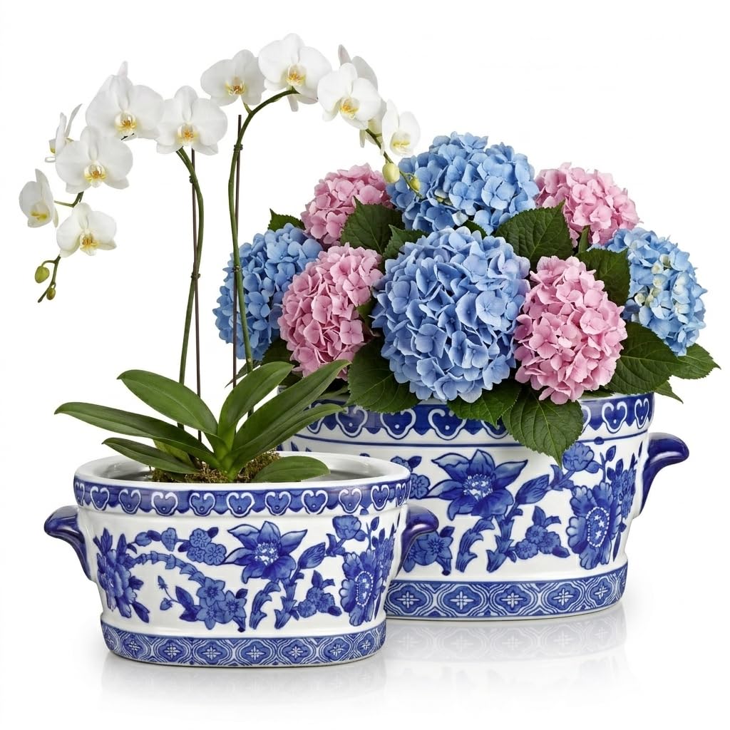 Arborus cachepot ovale face montrant motif bleu et blanc et élégance décorative
