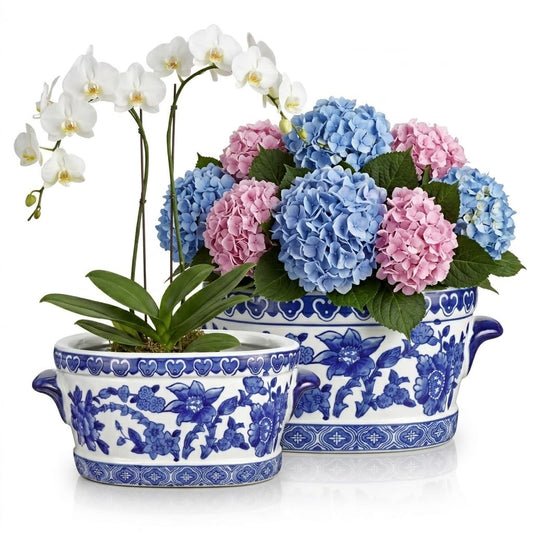 Arborus cachepot ovale face montrant motif bleu et blanc et élégance décorative