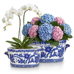 Arborus cachepot ovale face montrant motif bleu et blanc et élégance décorative