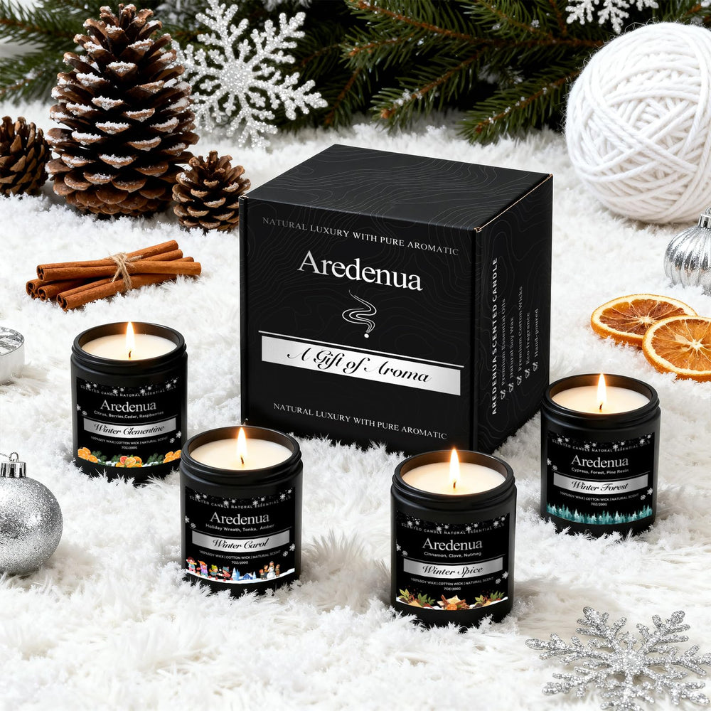 Aredenua bougies vues de face exposant les quatre parfums pour atmosphère de fête