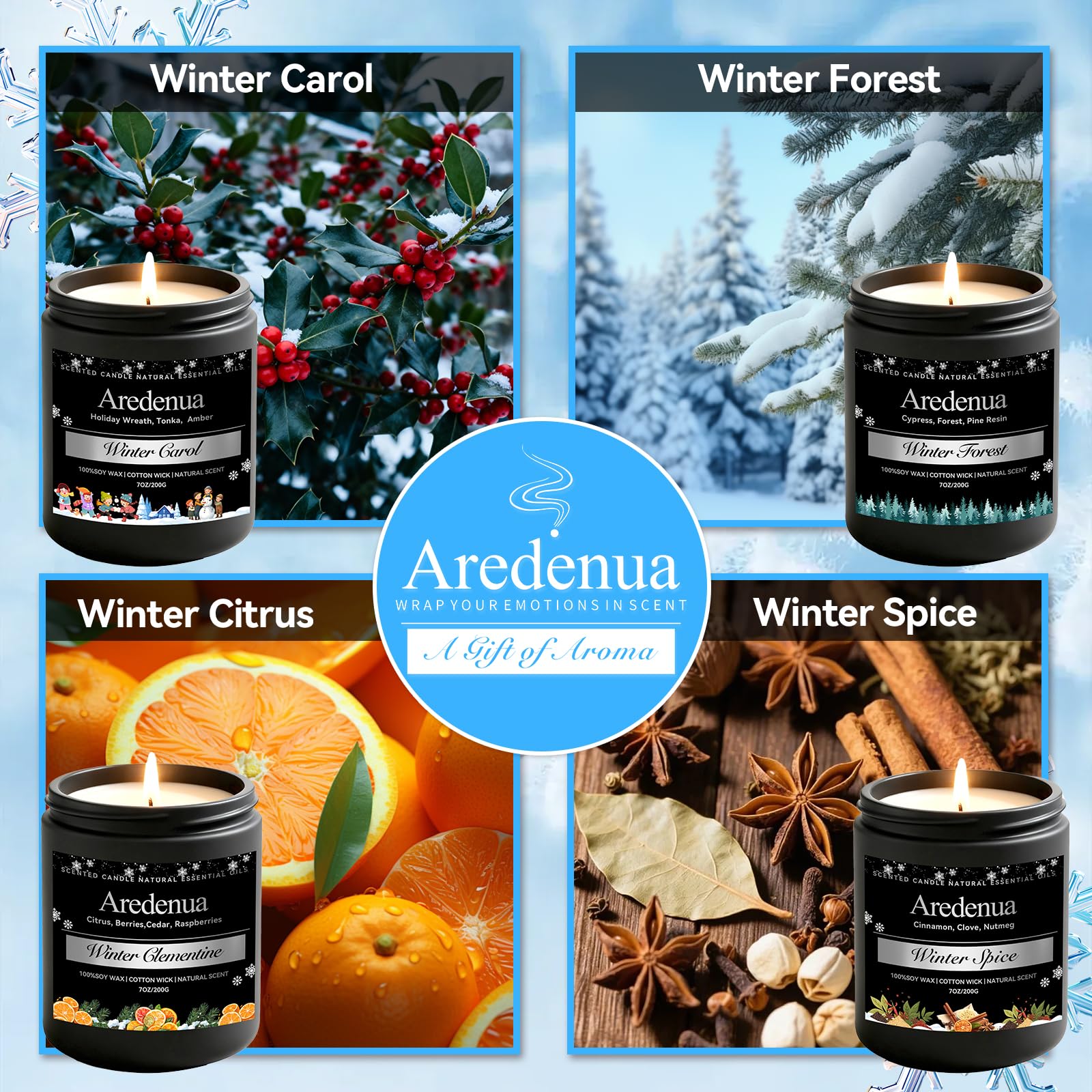 Aredenua étiquette parfum détaillée indiquant les noms Winter Spice et Winter Clementine