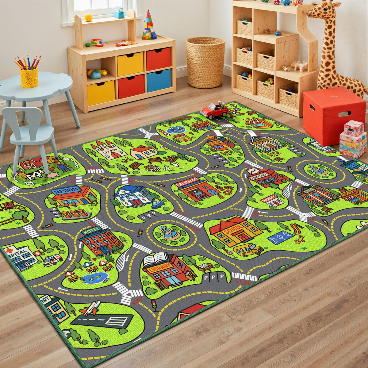 Arenarug vue frontale du tapis ville pour jeu, surface éducative sécurisée