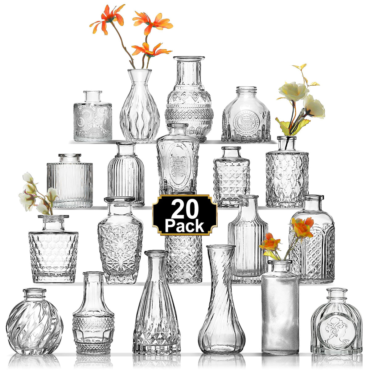 Arme ensemble de 20 mini-vases montrant assortiment, idéale pour centres de table
