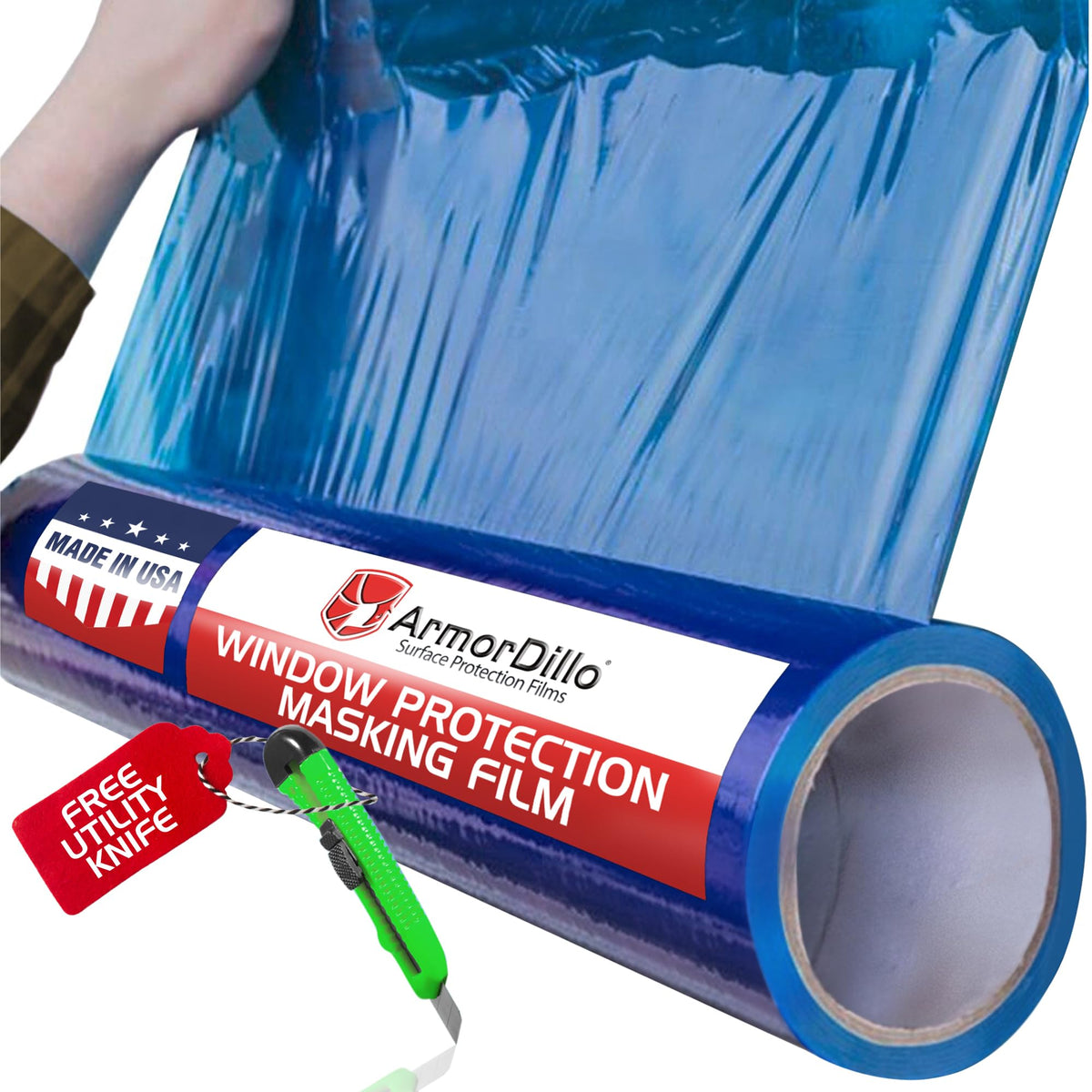 ArmorDillo emballage du rouleau bleu montrant dimensions et bénéfice protection