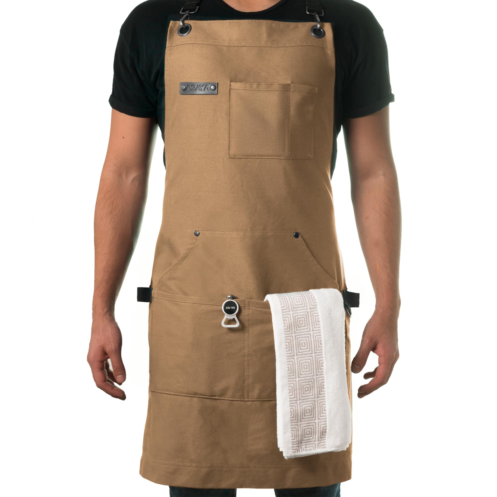 Asaya tablier face avant tan montrant coupe et style professionnel