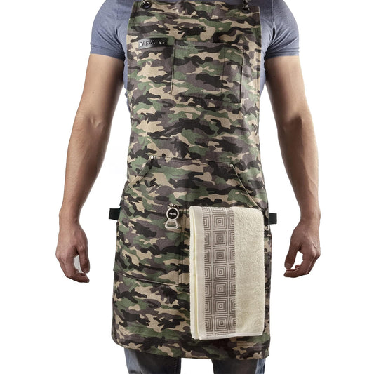 Tablier Asaya camo vu de face, protection et style résistants