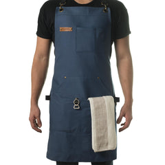Tablier Asaya face avant bleu montrant poches et style professionnel