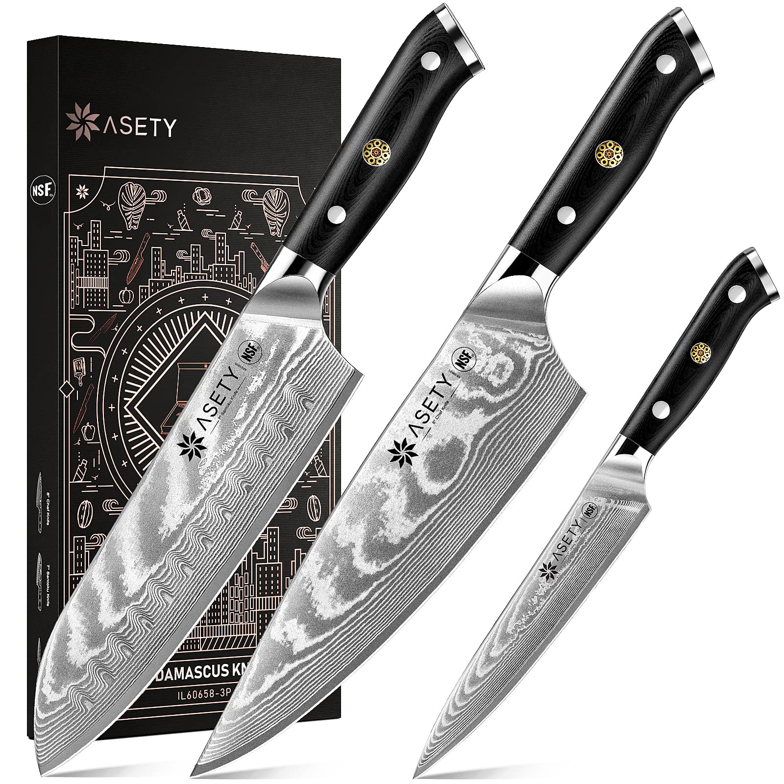 ASETY couteau de chef face montrant lame damas et coupe nette